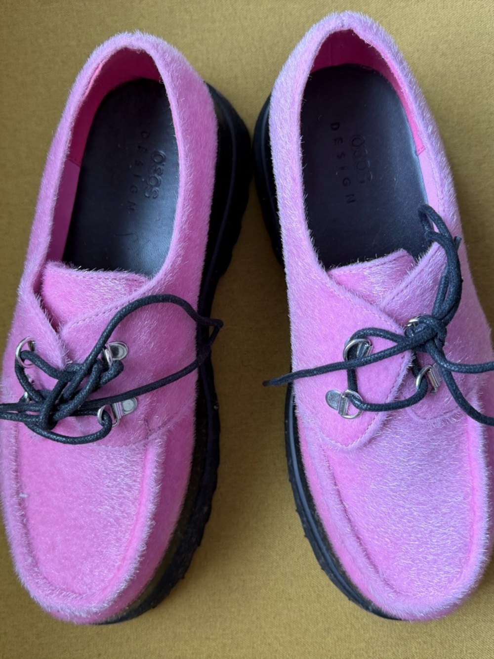 ASOS Pink Faux-Hair Lace-Up Loafers with Black Soles